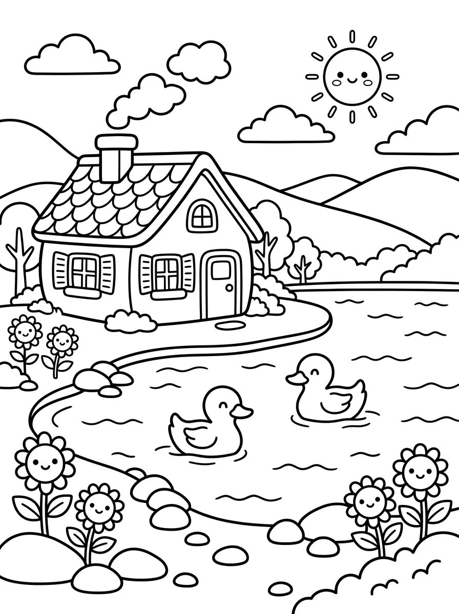 Casa de Campo a la Orilla del Lago para colorir Desenho de Casa de Campo a la Orilla del Lago para colorir e imprimir grátis