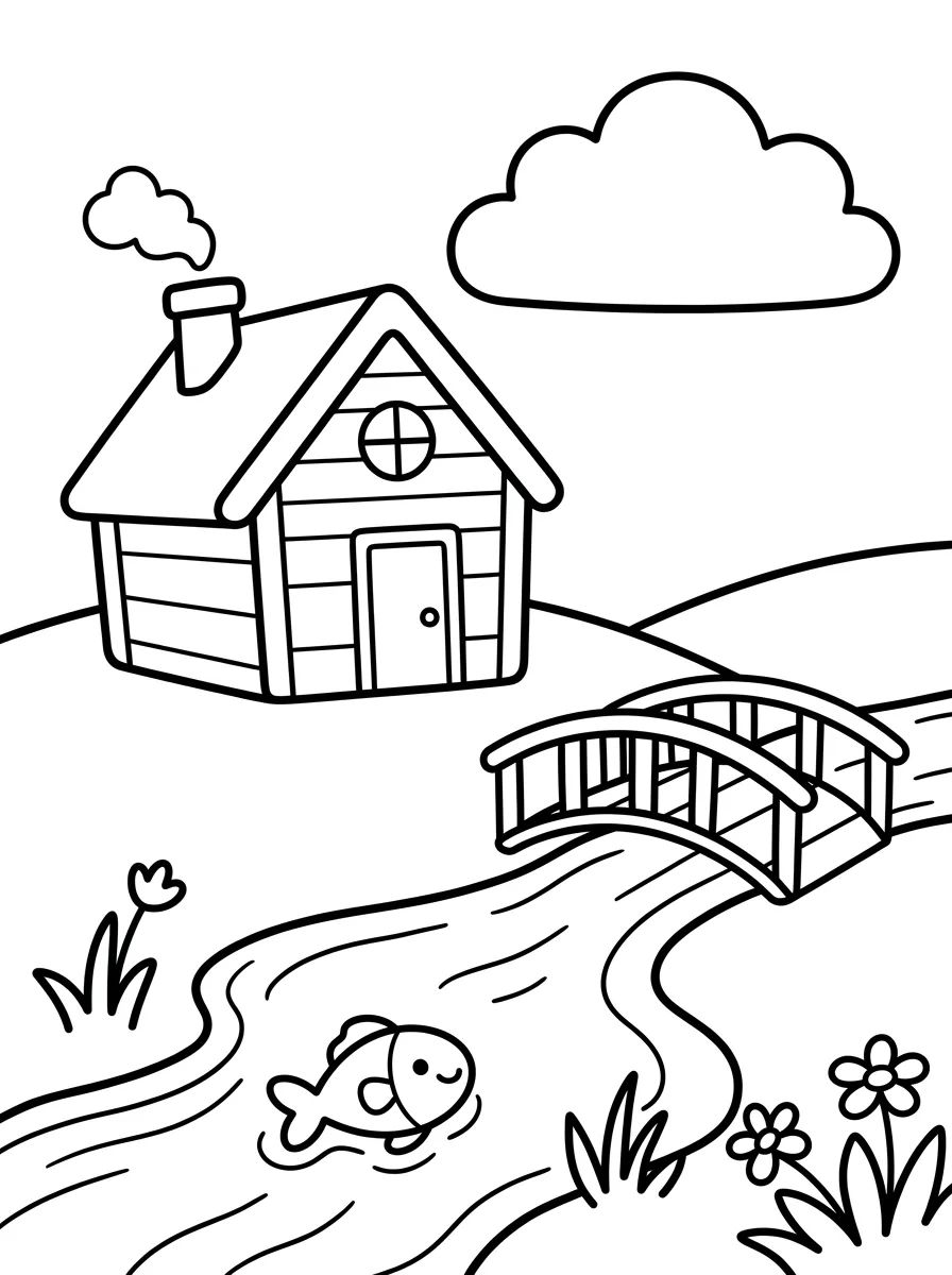Casinha de Campo perto do Rio para colorir Desenho de Casinha de Campo perto do Rio para colorir e imprimir grátis