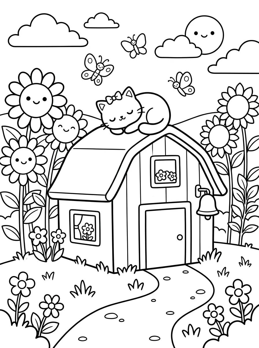 Celeiro de Campo com Gatinho para colorir Desenho de Celeiro de Campo com Gatinho para colorir e imprimir grátis