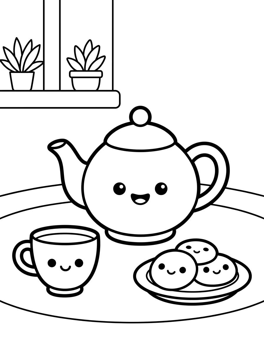 Cozinha Fofa com Chá e Biscoitos para colorir Desenho de Cozinha Fofa com Chá e Biscoitos para colorir e imprimir grátis