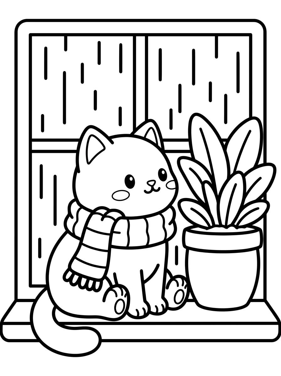 Kitten by the Rainy Window para colorir Desenho de Kitten by the Rainy Window para colorir e imprimir grátis