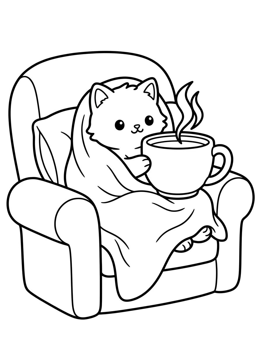 Kitten Drinking Tea in an Armchair para colorir Desenho de Kitten Drinking Tea in an Armchair para colorir e imprimir grátis