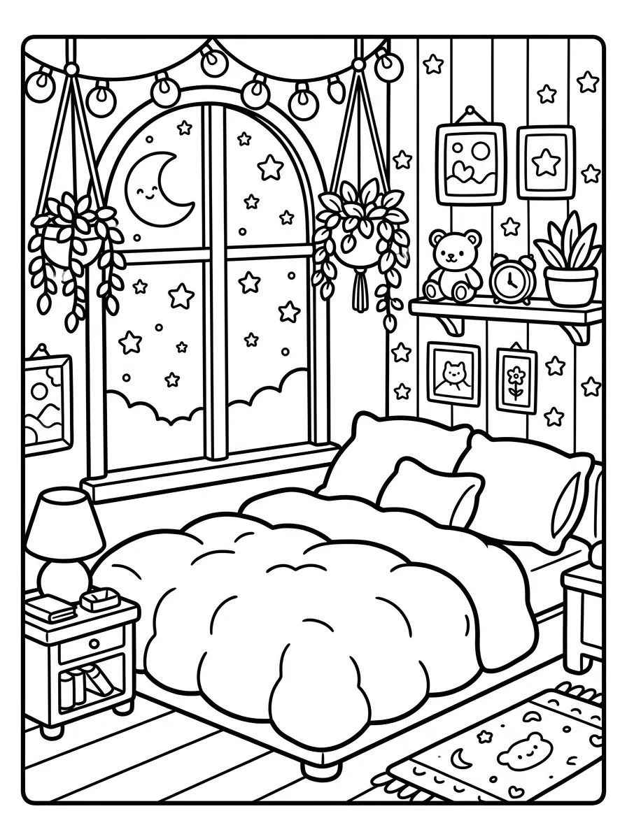 Quarto Aconchegante com Janela para colorir Desenho de Quarto Aconchegante com Janela para colorir e imprimir grátis