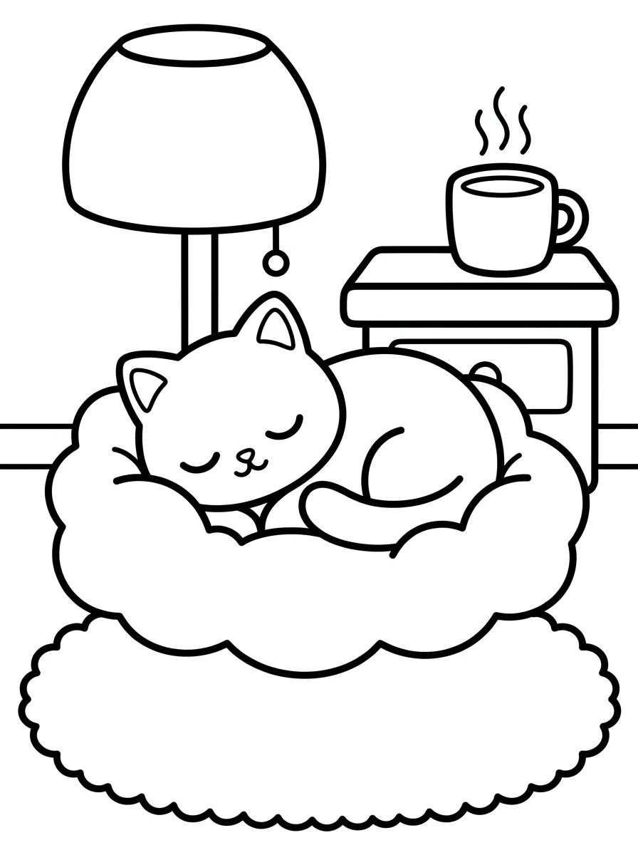 Cozy Kitty Bedroom para colorir Desenho de Cozy Kitty Bedroom para colorir e imprimir grátis