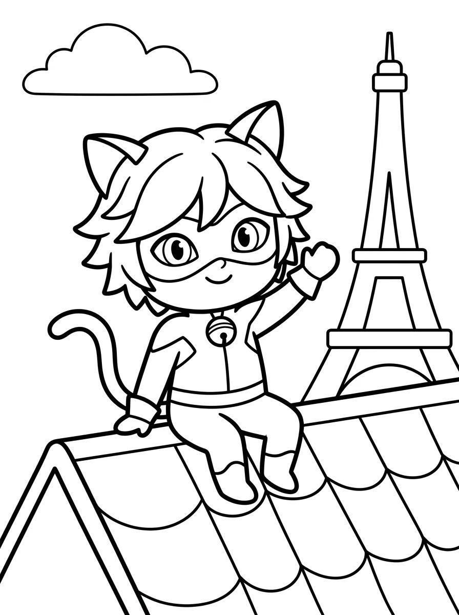 Cat Noir Acenando no Telhado para colorir Desenho de Cat Noir Acenando no Telhado para colorir e imprimir grátis