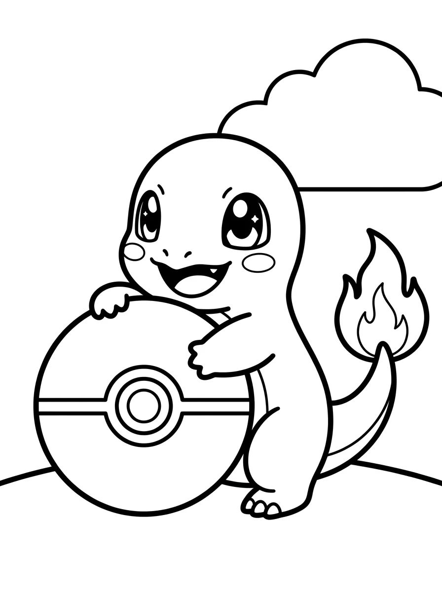 Charmander Brincando com uma Pokébola para colorir Desenho de Charmander Brincando com uma Pokébola para colorir e imprimir grátis