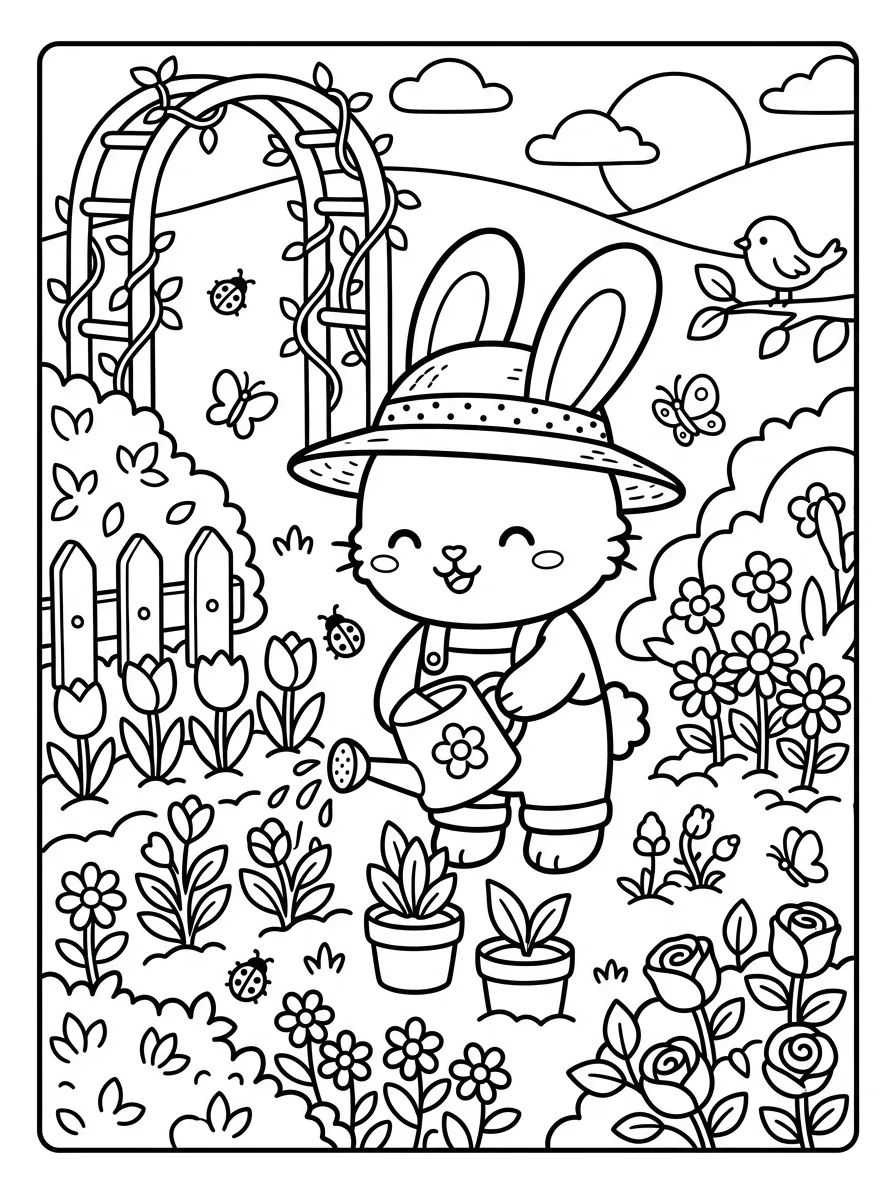 Coelhinho de Chapéu de Palha no Jardim para colorir Desenho de Coelhinho de Chapéu de Palha no Jardim para colorir e imprimir grátis