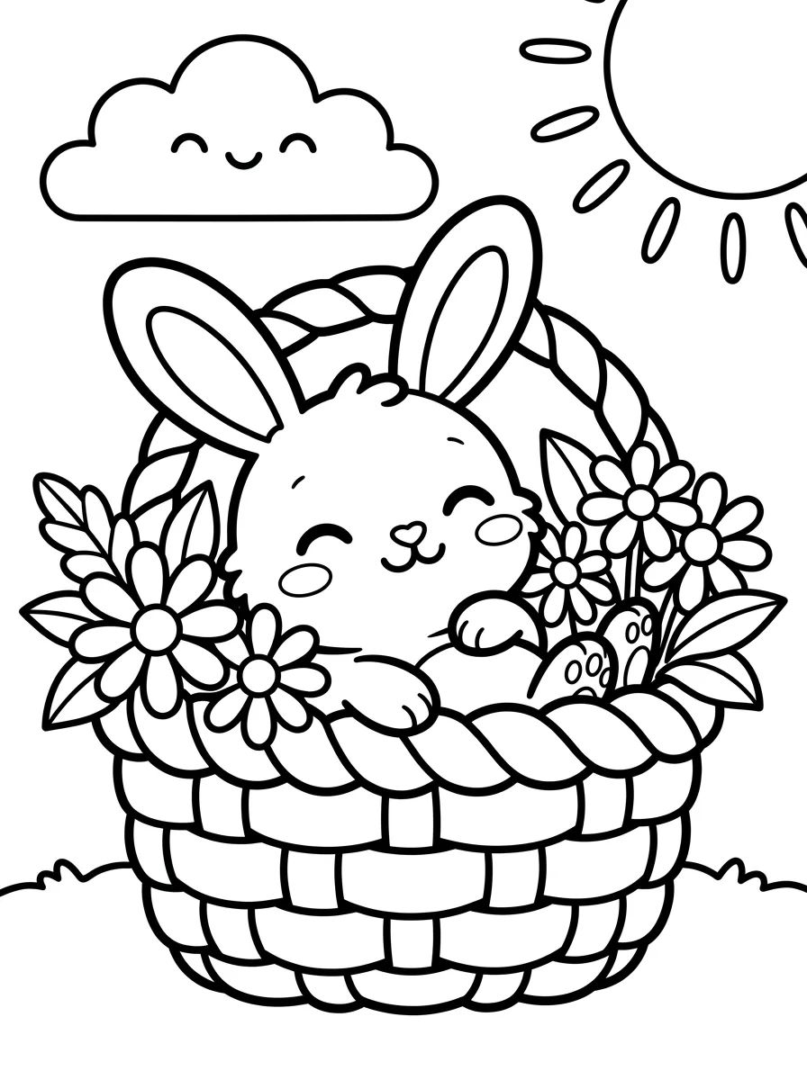 Coelhinho Fofo Dentro da Cesta de Flores para colorir Desenho de Coelhinho Fofo Dentro da Cesta de Flores para colorir e imprimir grátis
