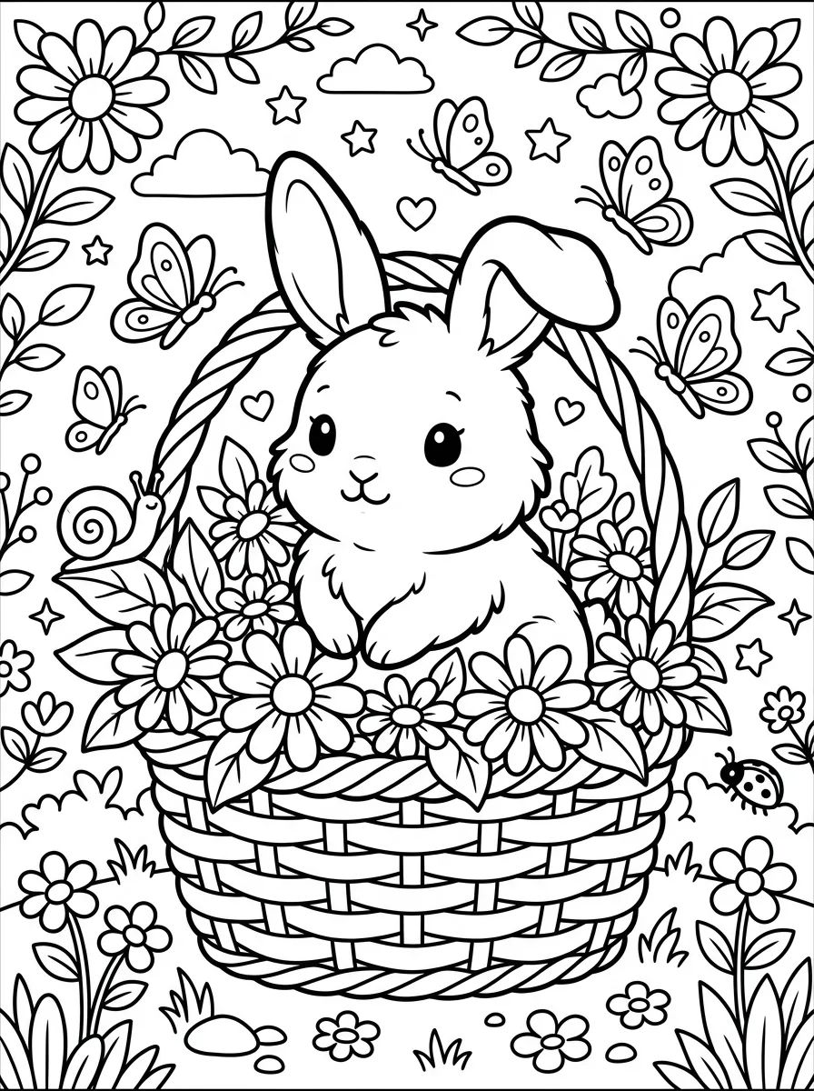 Coelhinho na Cesta de Flores para colorir Desenho de Coelhinho na Cesta de Flores para colorir e imprimir grátis