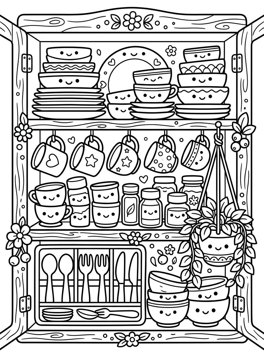 Armário de Pratos e Utensílios para colorir Desenho de Armário de Pratos e Utensílios para colorir e imprimir grátis