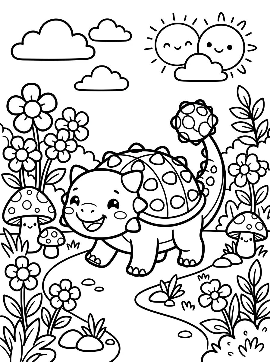 Anquilossauro Fofinho no Jardim para colorir Desenho de Anquilossauro Fofinho no Jardim para colorir e imprimir grátis