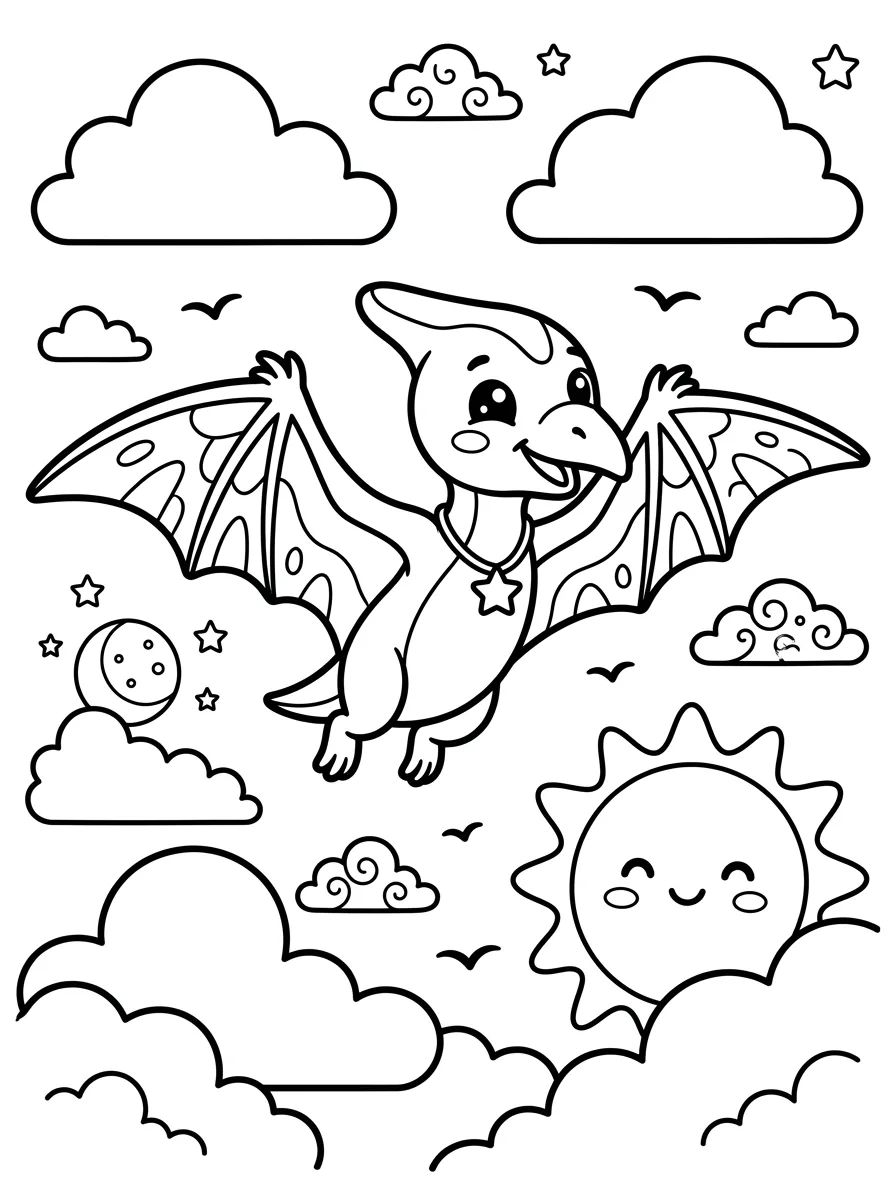 Pterodáctilo Feliz Voando no Céu para colorir Desenho de Pterodáctilo Feliz Voando no Céu para colorir e imprimir grátis