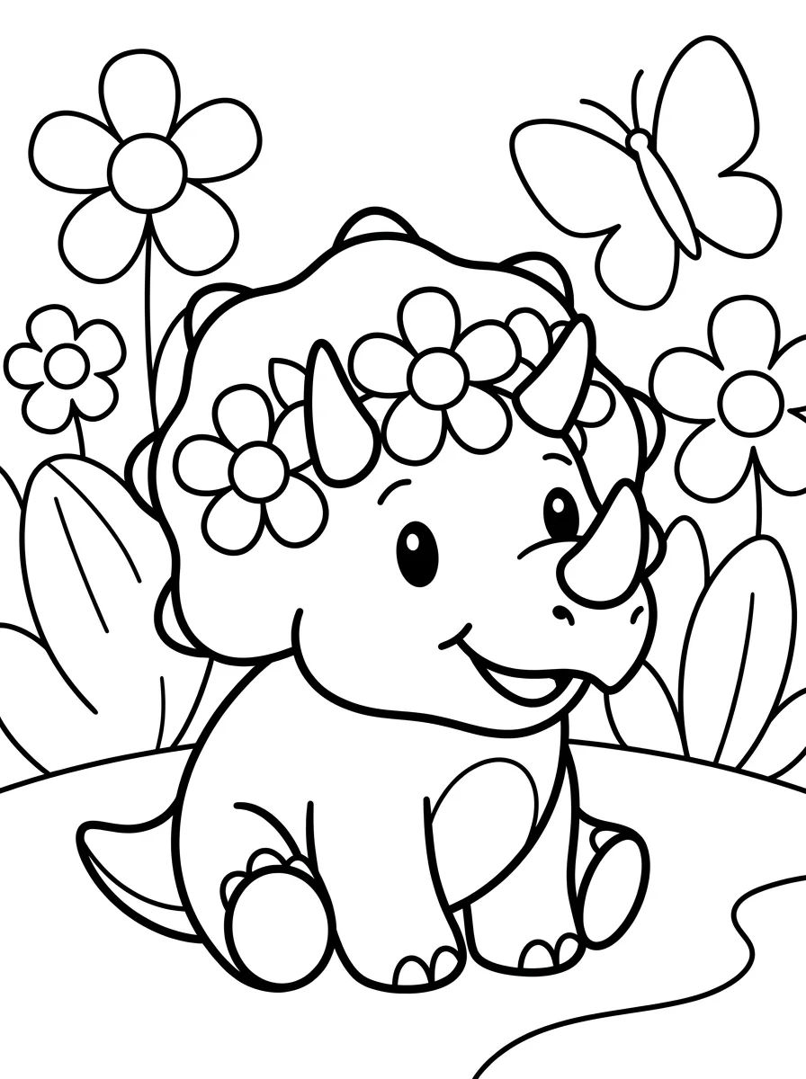 Triceratops com Flores para colorir Desenho de Triceratops com Flores para colorir e imprimir grátis