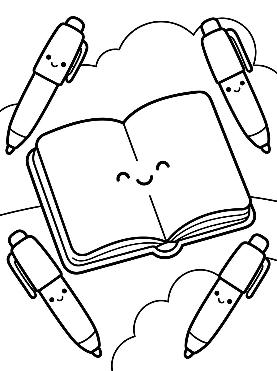 Caderno Alegre e Canetas para colorir Desenho de Caderno Alegre e Canetas para colorir e imprimir grátis