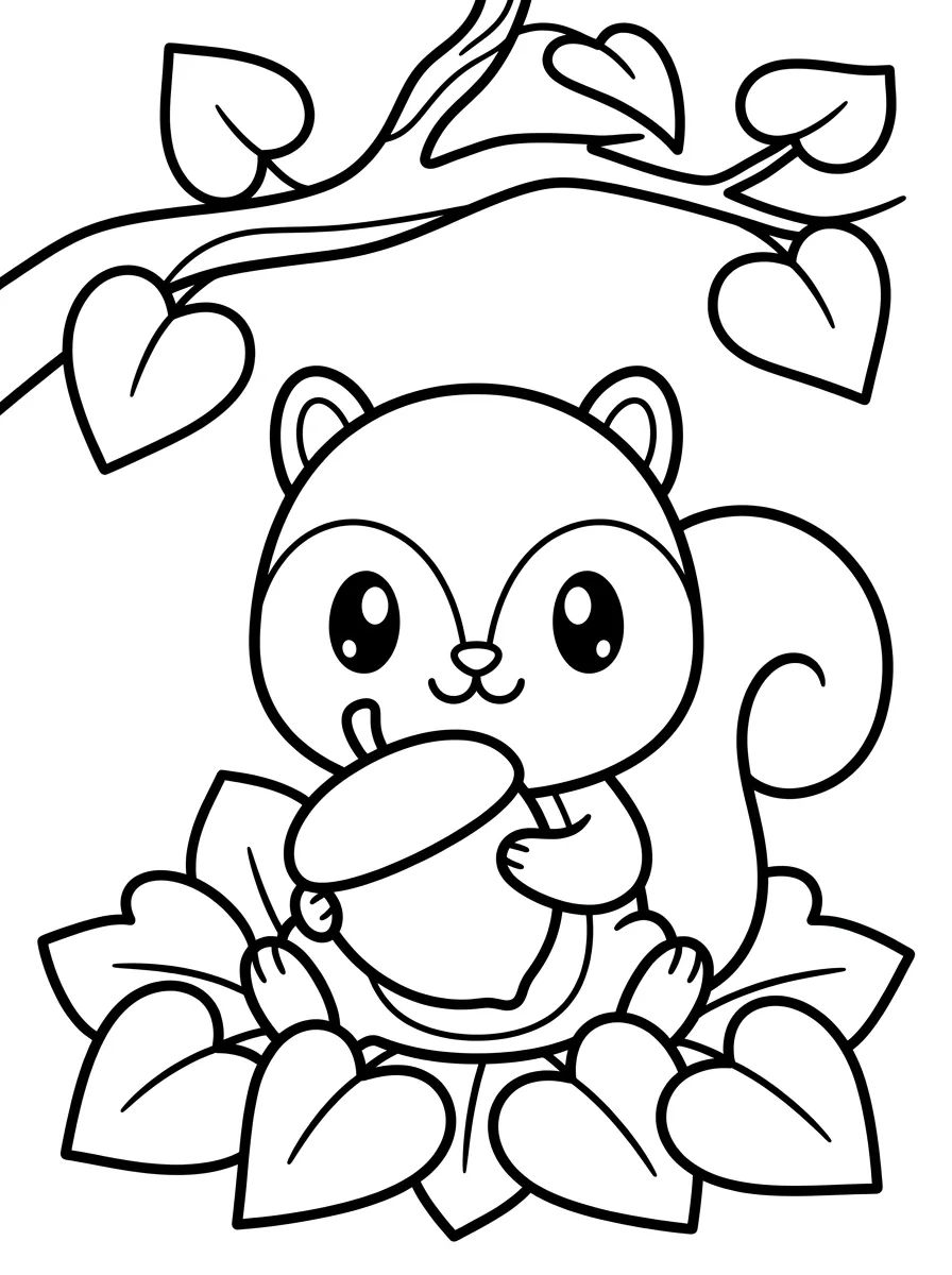 Esquilo Kawaii com Folhas de Outono para colorir Desenho de Esquilo Kawaii com Folhas de Outono para colorir e imprimir grátis