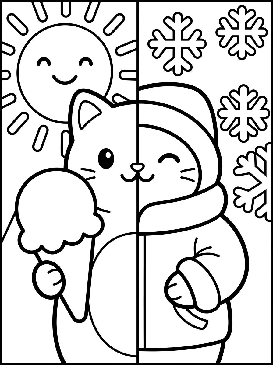 Gatinho Kawaii nas Estações para colorir Desenho de Gatinho Kawaii nas Estações para colorir e imprimir grátis