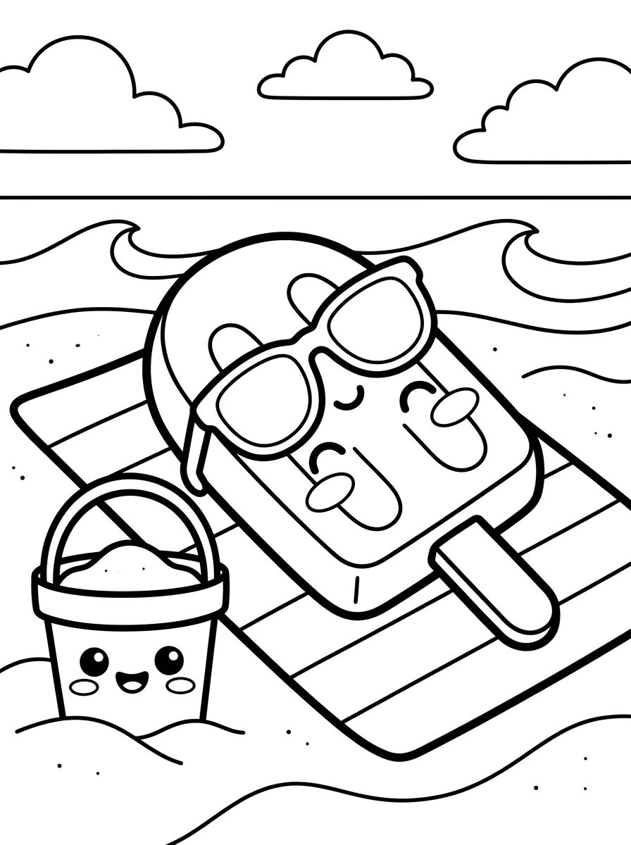 Picolé Fofo na Praia no Verão para colorir Desenho de Picolé Fofo na Praia no Verão para colorir e imprimir grátis
