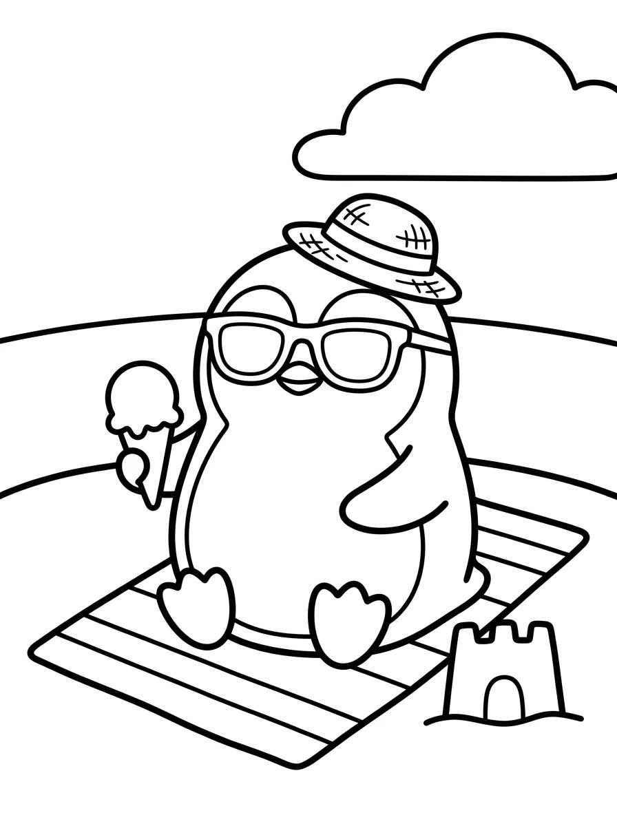 Pinguim Fofo na Praia no Verão para colorir Desenho de Pinguim Fofo na Praia no Verão para colorir e imprimir grátis