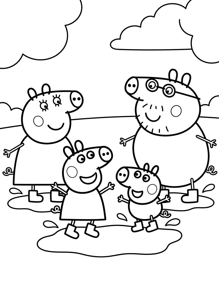 Família Pig Pulando em Poças de Lama para colorir Desenho de Família Pig Pulando em Poças de Lama para colorir e imprimir grátis