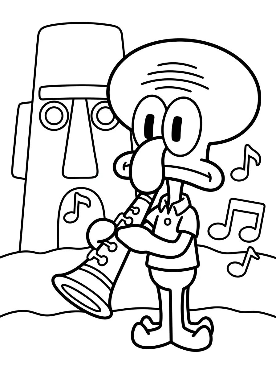 Lula Molusco Tocando Clarinete na Fenda do Bikini para colorir Desenho de Lula Molusco Tocando Clarinete na Fenda do Bikini para colorir e imprimir grátis