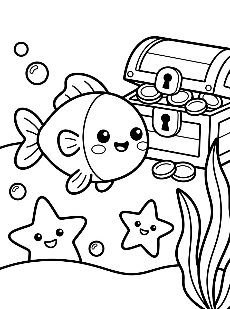 Cute Little Fish and Treasure para colorir Desenho de Cute Little Fish and Treasure para colorir e imprimir grátis