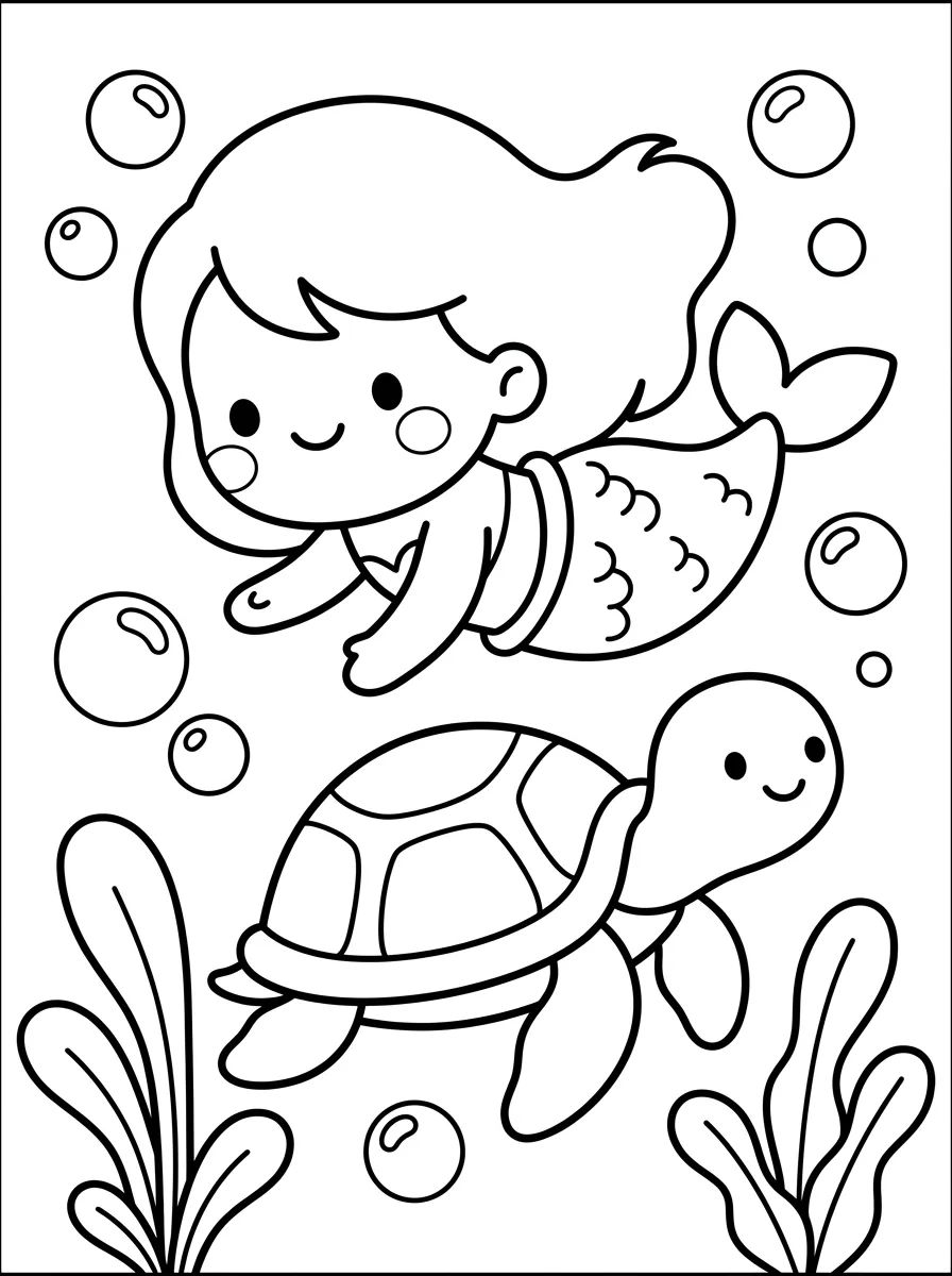Sereia Fofa e Tartaruguinha para colorir Desenho de Sereia Fofa e Tartaruguinha para colorir e imprimir grátis