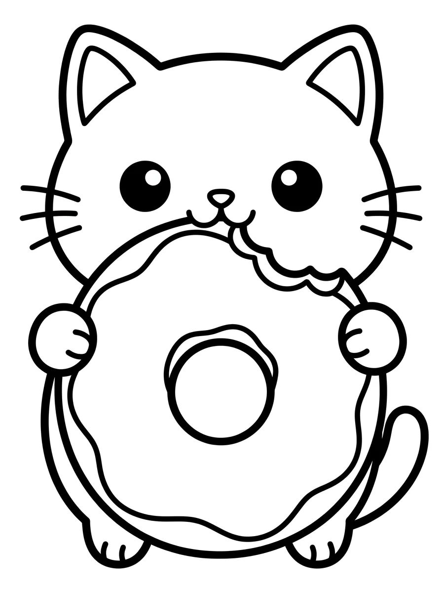 Gatinho Comendo Rosquinha Donuts para colorir Desenho de Gatinho Comendo Rosquinha Donuts para colorir e imprimir grátis