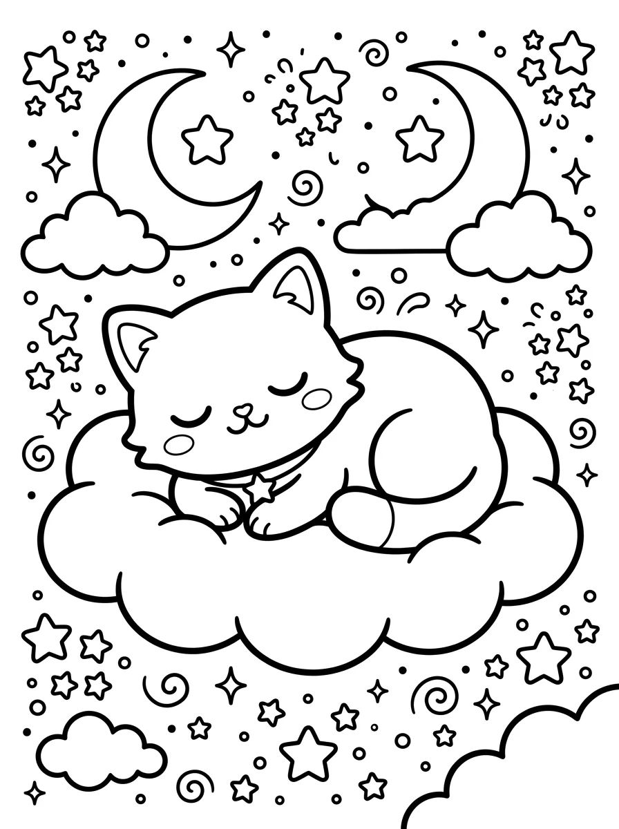Gatinho Dormindo na Nuvem para colorir Desenho de Gatinho Dormindo na Nuvem para colorir e imprimir grátis