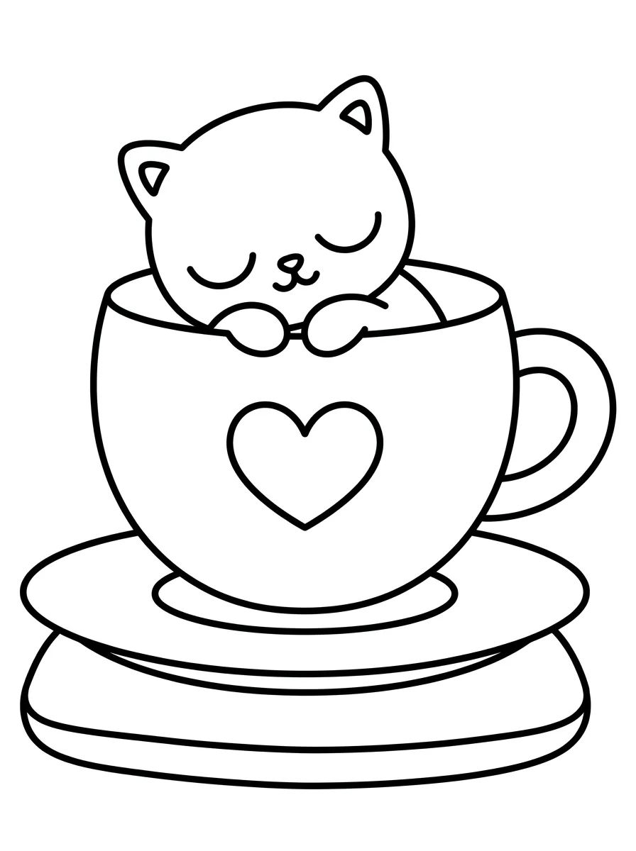 Gatinho Dormindo na Xícara para colorir Desenho de Gatinho Dormindo na Xícara para colorir e imprimir grátis