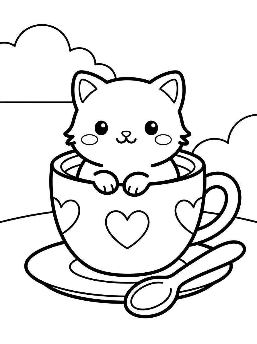 Gatinho na Xícara de Chá para colorir Desenho de Gatinho na Xícara de Chá para colorir e imprimir grátis