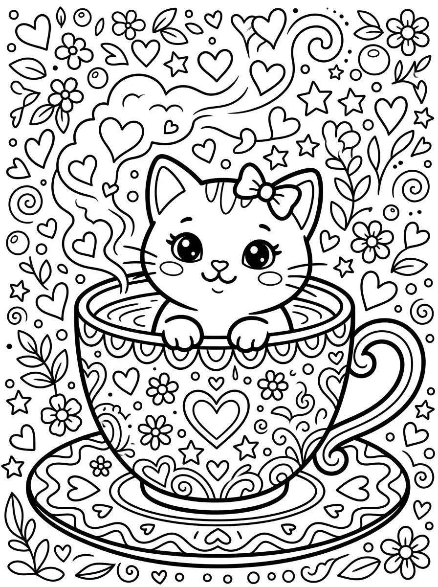 Gatinho na Xícara de Chá para colorir Desenho de Gatinho na Xícara de Chá para colorir e imprimir grátis