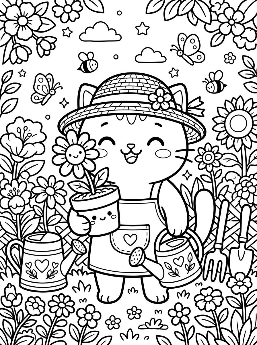 Gardener Cat with Flower para colorir Desenho de Gardener Cat with Flower para colorir e imprimir grátis