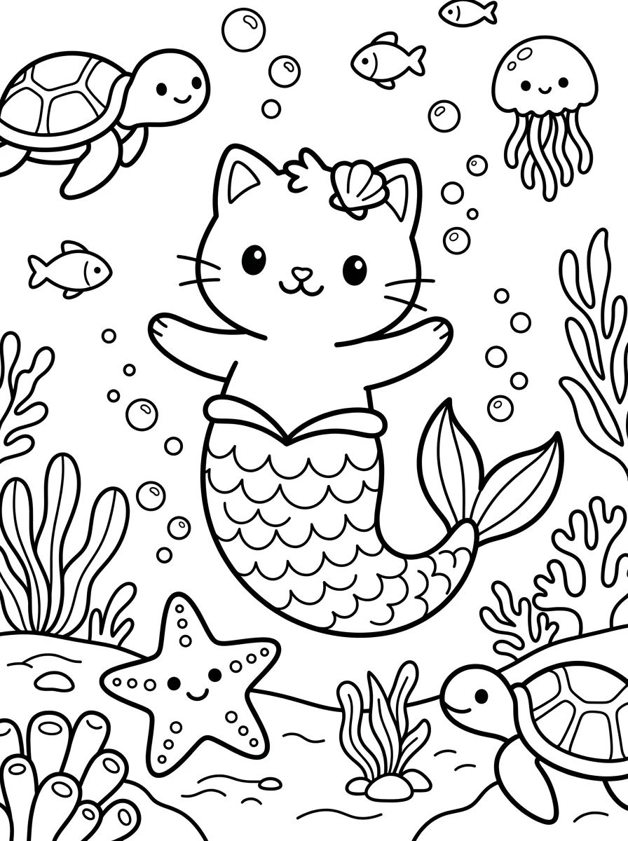 Gato Sereia no Fundo do Mar para colorir Desenho de Gato Sereia no Fundo do Mar para colorir e imprimir grátis
