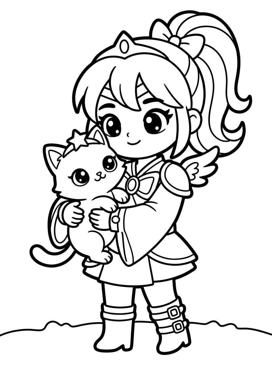 Guerreira K-Pop com Mascote de Gatinho para colorir Desenho de Guerreira K-Pop com Mascote de Gatinho para colorir e imprimir grátis