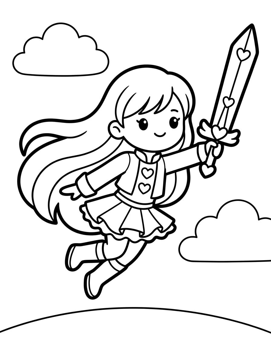 Guerreira K-Pop Voadora com Espada Mágica para colorir Desenho de Guerreira K-Pop Voadora com Espada Mágica para colorir e imprimir grátis
