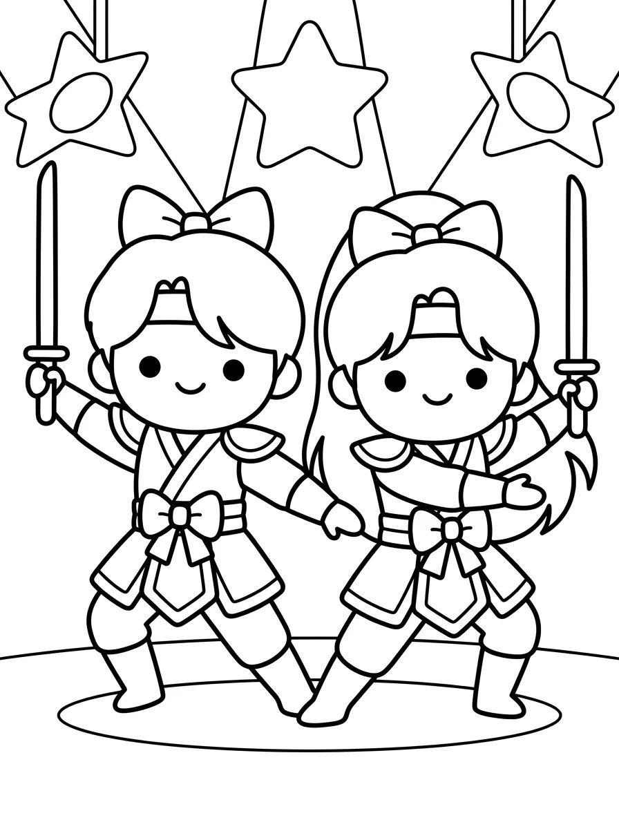 Dupla de Guerreiras K-Pop Fazendo Coreografia para colorir Desenho de Dupla de Guerreiras K-Pop Fazendo Coreografia para colorir e imprimir grátis