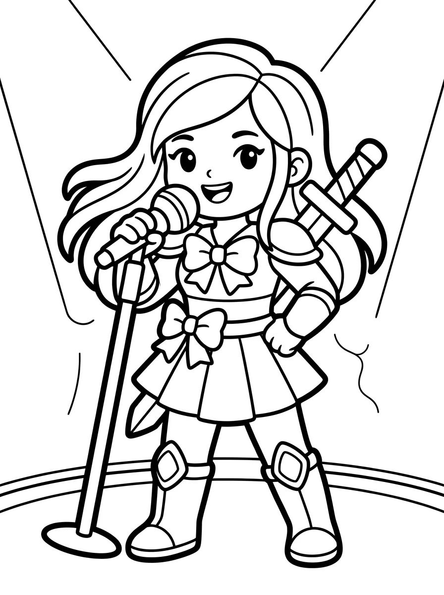 Guerreira K-Pop Cantando com Microfone para colorir Desenho de Guerreira K-Pop Cantando com Microfone para colorir e imprimir grátis
