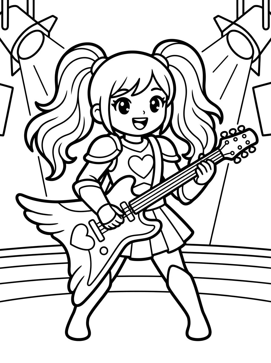 Guerreira K-Pop Guitarrista no Palco para colorir Desenho de Guerreira K-Pop Guitarrista no Palco para colorir e imprimir grátis