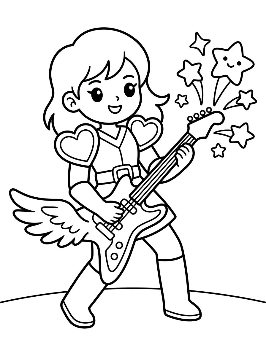 Guerreira K-Pop Tocando Guitarra Elétrica para colorir Desenho de Guerreira K-Pop Tocando Guitarra Elétrica para colorir e imprimir grátis