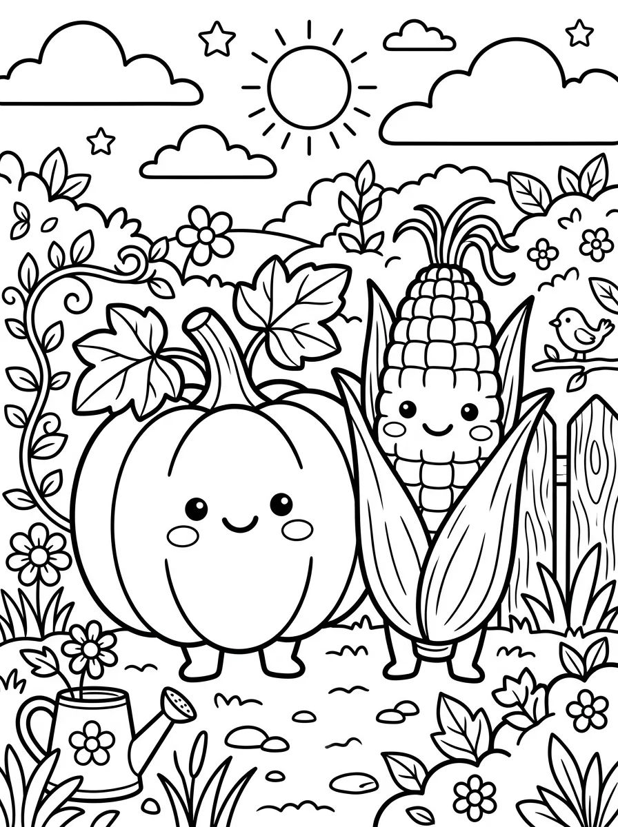Abóbora e Milho Fofos para colorir Desenho de Abóbora e Milho Fofos para colorir e imprimir grátis