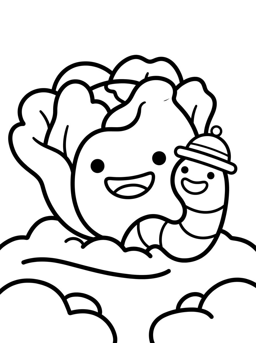 Alface Kawaii com Minhoca Amiga para colorir Desenho de Alface Kawaii com Minhoca Amiga para colorir e imprimir grátis