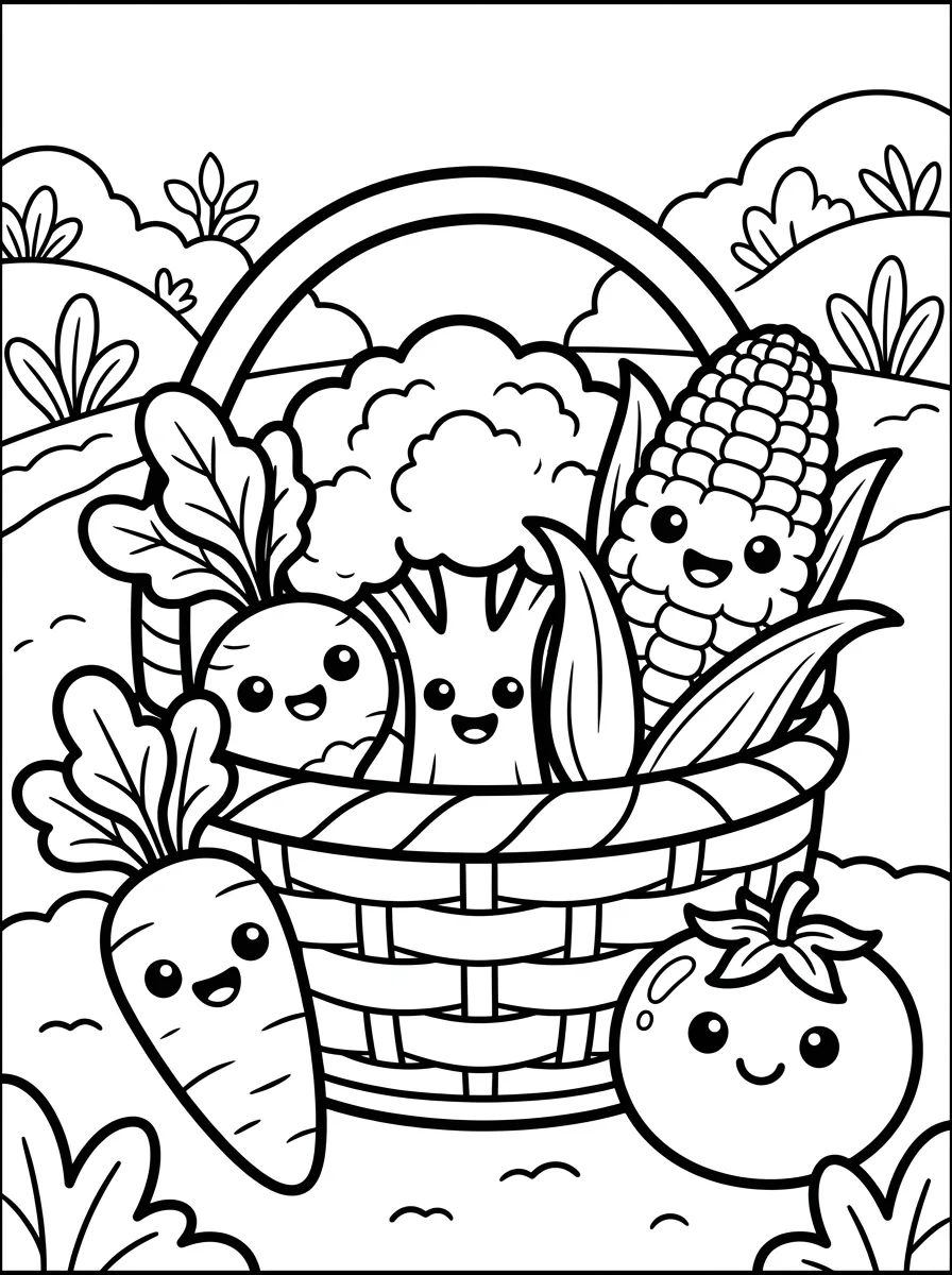Cesta de Legumes da Horta para colorir Desenho de Cesta de Legumes da Horta para colorir e imprimir grátis