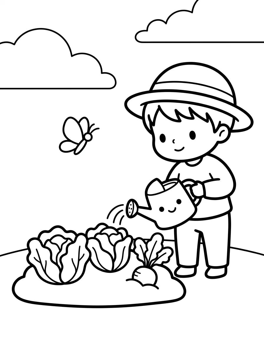 Criança Regando a Horta para colorir Desenho de Criança Regando a Horta para colorir e imprimir grátis