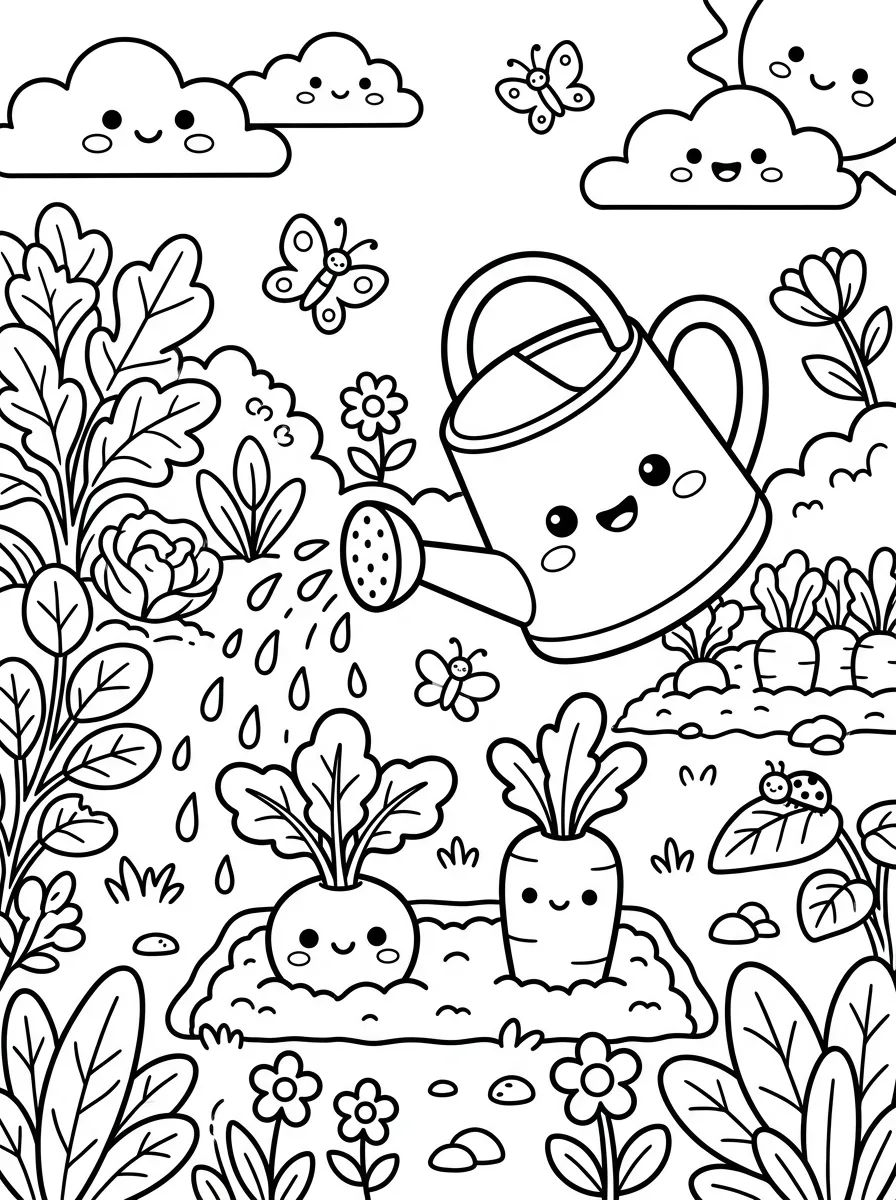 Friendly Watering Can in the Veggie Garden para colorir Desenho de Friendly Watering Can in the Veggie Garden para colorir e imprimir grátis