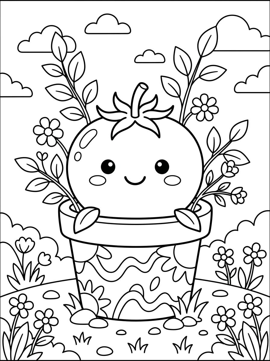 Smiling Tomato in a Garden Pot para colorir Desenho de Smiling Tomato in a Garden Pot para colorir e imprimir grátis