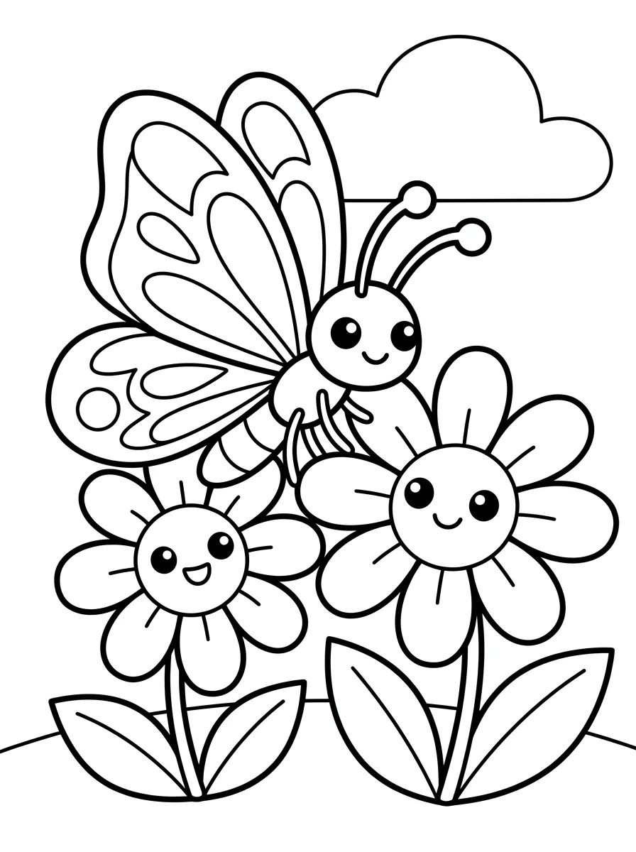 Borboleta no Canteiro de Margaridas para colorir Desenho de Borboleta no Canteiro de Margaridas para colorir e imprimir grátis