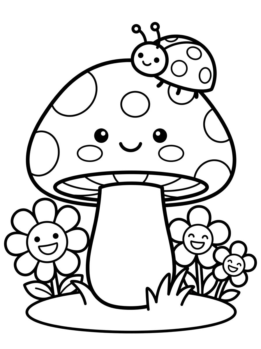 Cogumelo e Flores Kawaii para colorir Desenho de Cogumelo e Flores Kawaii para colorir e imprimir grátis