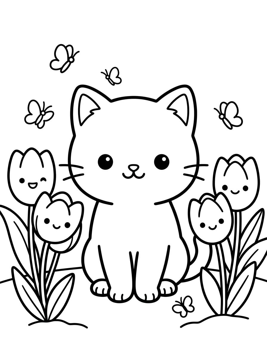 Gatinho Fofo no Jardim de Tulipas para colorir Desenho de Gatinho Fofo no Jardim de Tulipas para colorir e imprimir grátis