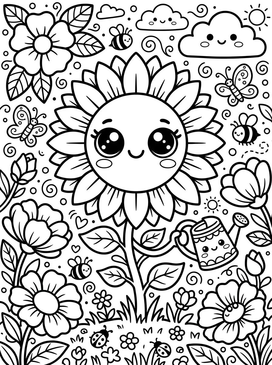Girassol Kawaii Feliz para colorir Desenho de Girassol Kawaii Feliz para colorir e imprimir grátis