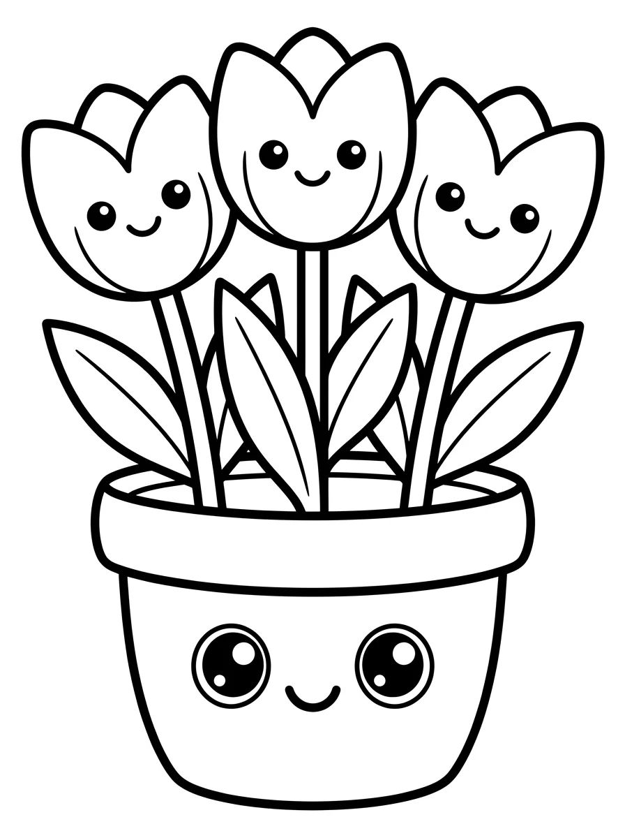 Vaso com Tulipas Sorridentes para colorir Desenho de Vaso com Tulipas Sorridentes para colorir e imprimir grátis